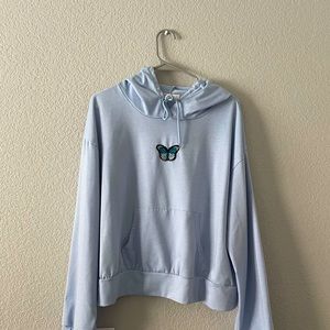 Romwe Embroidered Butterfly Cropped Blue Hoodie